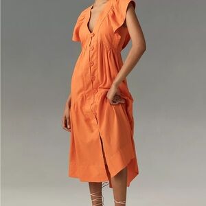 The Reneé Flutter-Sleeve Linen Button-Front Midi Dress